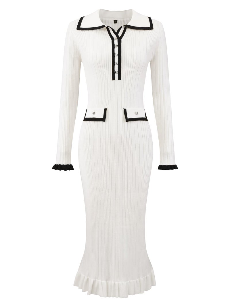Hobemty Women's Long Sleeve Sweater Dress Contrast Trim Ruffled Fall Winter Ribbed Knit Bodycon Dresses Small White - Image 1