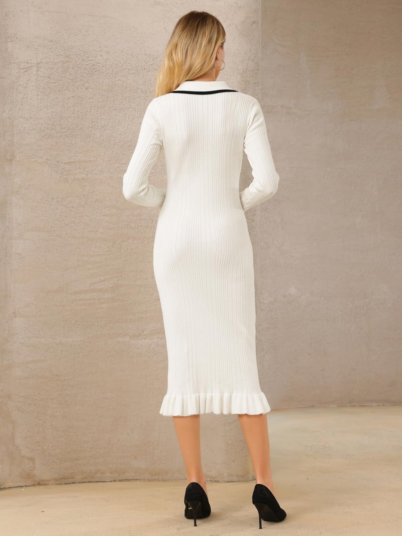 Hobemty Women's Long Sleeve Sweater Dress Contrast Trim Ruffled Fall Winter Ribbed Knit Bodycon Dresses Small White - Image 5