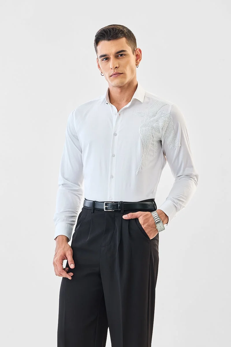 SNITCH White Embellished Long Sleeve Slim Fit Formal Luxe Shirt