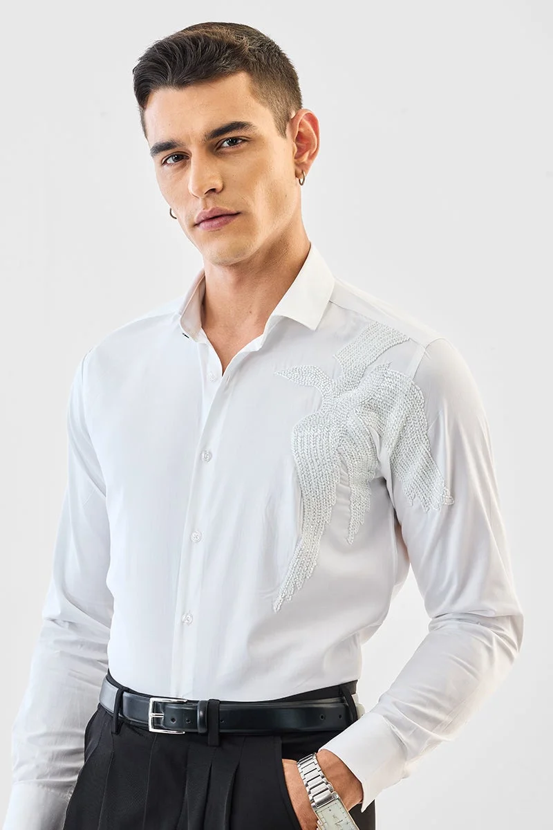 SNITCH White Embellished Long Sleeve Slim Fit Formal Luxe Shirt