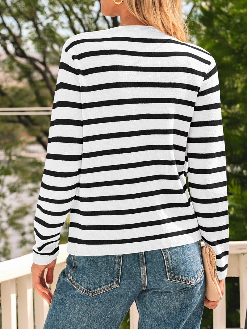LILLUSORY Women's Striped Cardigan Sweaters Fall Outfits Clothes Fashion Trendy Long Sleeve Tops Casual Knit Lady Jackets White Black XL - Image 4