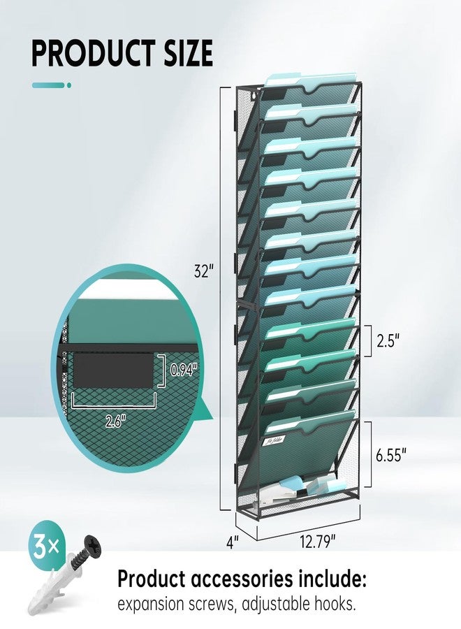 SUPEASY 13-Tier Wall File Organizer, Hanging Wall Files for Papers, Folders, Magazines, Clipboard, Wall Organizer for Office Home School Classroom, Black - Image 2