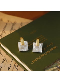 French Retro Square Colorful Shell Earrings4K Gold brown Shell [Screw Clamp]] 4K Gold brown Shell [Screw Clamp]]