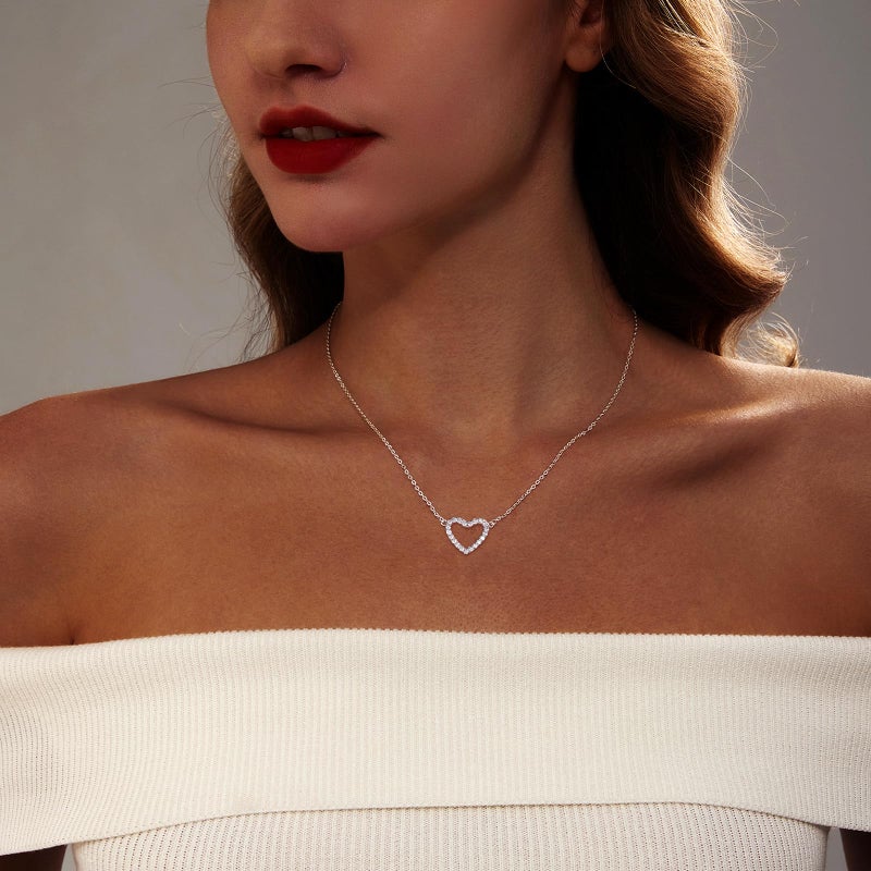 Zeffy Silver Cubic Zirconia Heart Necklace Open Heart Choker Necklaces Trendy Dainty Simple Silver Jewelry for Women Gifts - Image 3