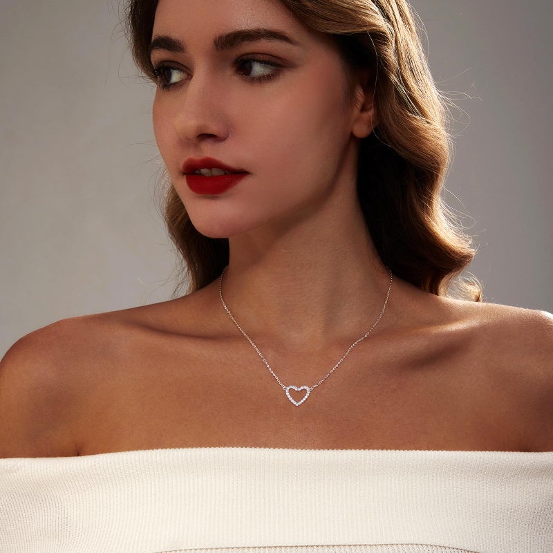 Zeffy Silver Cubic Zirconia Heart Necklace Open Heart Choker Necklaces Trendy Dainty Simple Silver Jewelry for Women Gifts - Image 5