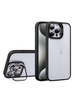 Luxury Invisible Folding Holder Holder Stand Phone Case For IPhone 15 Pro Case With Lens Film Ring Metal Bracket Soft Bumper Clear Hard Back Cover (Black)