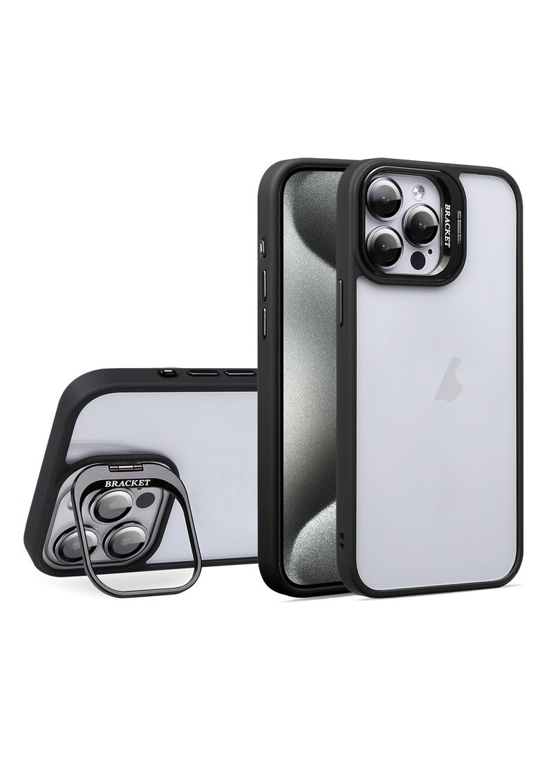 Generic - Luxury Invisible Folding Holder Holder Stand Phone Case For IPhone 15 Pro Case With Lens Film Ring Metal Bracket Soft Bumper Clear Hard Back Cover (Black) - Image 1