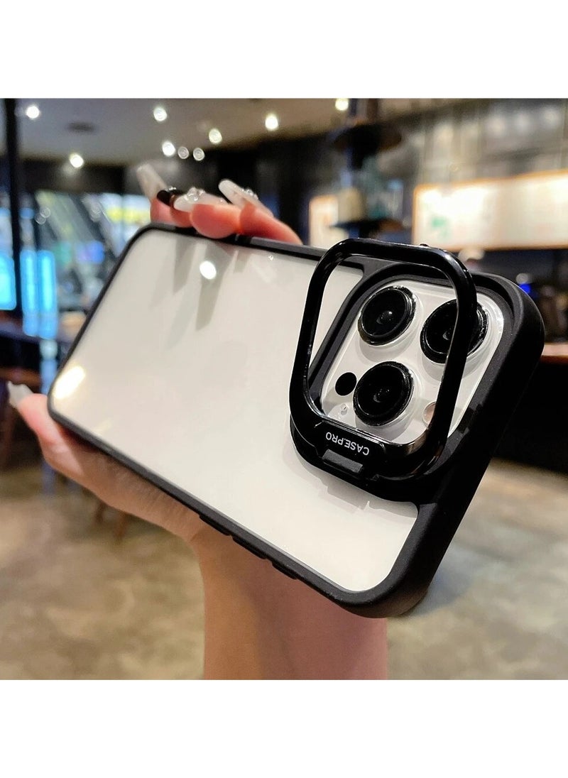 Generic - Luxury Invisible Folding Holder Holder Stand Phone Case For IPhone 15 Pro Case With Lens Film Ring Metal Bracket Soft Bumper Clear Hard Back Cover (Black) - Image 1