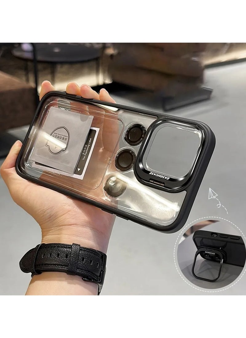 Generic - Luxury Invisible Folding Holder Holder Stand Phone Case For IPhone 15 Pro Case With Lens Film Ring Metal Bracket Soft Bumper Clear Hard Back Cover (Black) - Image 1