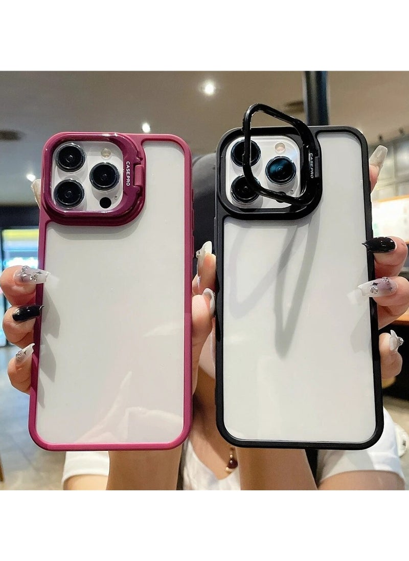 Generic - Luxury Invisible Folding Holder Holder Stand Phone Case For IPhone 15 Pro Case With Lens Film Ring Metal Bracket Soft Bumper Clear Hard Back Cover (Black) - Image 1