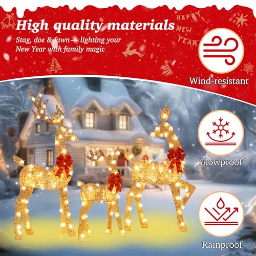HbSpacstial 48 Inch 2.5D Gold Lighted Christmas Deer Decorations 3-Piece Outdoor Holiday Decorations Reindeer Set with 145 Warm White LEDs, Large Yard Display for Garden, Storefront - Image 3