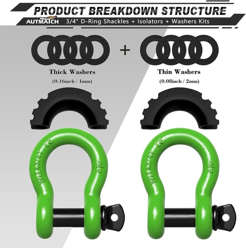 AUTMATCH D Ring Shackle 3/4" Shackles (2 Pack) 41,887Ibs Break Strength with 7/8" Screw Pin and Shackle Isolator Washers Kit for Tow Strap Winch Off Road Vehicle Recovery Green & Black - Image 2