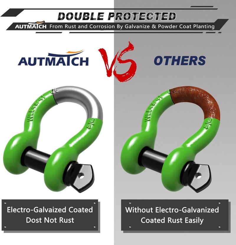 AUTMATCH D Ring Shackle 3/4" Shackles (2 Pack) 41,887Ibs Break Strength with 7/8" Screw Pin and Shackle Isolator Washers Kit for Tow Strap Winch Off Road Vehicle Recovery Green & Black - Image 5