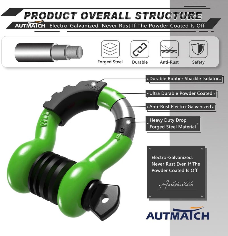 AUTMATCH D Ring Shackle 3/4" Shackles (2 Pack) 41,887Ibs Break Strength with 7/8" Screw Pin and Shackle Isolator Washers Kit for Tow Strap Winch Off Road Vehicle Recovery Green & Black - Image 4