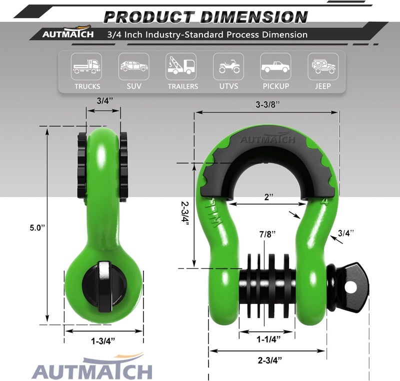AUTMATCH D Ring Shackle 3/4" Shackles (2 Pack) 41,887Ibs Break Strength with 7/8" Screw Pin and Shackle Isolator Washers Kit for Tow Strap Winch Off Road Vehicle Recovery Green & Black - Image 3