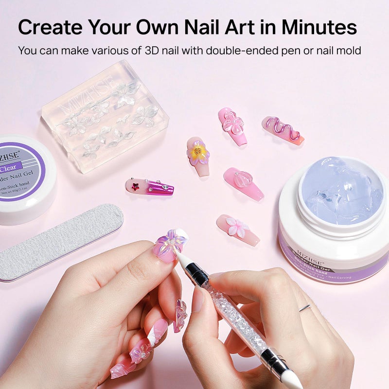 MIZHSE 3D Gel Nail Art Sculpting Gel, 60g Large Capacity Clear Solid Builder Gels for Nails, Non-Sticky Molding Hard Gels for Nail Art Charms, UV LED, with Gold Chrome Powder & Silicone Flower Mold - Image 5