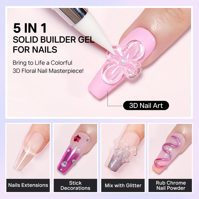 MIZHSE 3D Gel Nail Art Sculpting Gel, 60g Large Capacity Clear Solid Builder Gels for Nails, Non-Sticky Molding Hard Gels for Nail Art Charms, UV LED, with Gold Chrome Powder & Silicone Flower Mold - Image 3