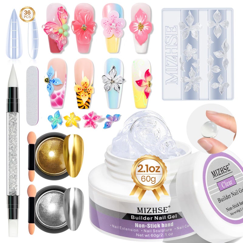 MIZHSE 3D Gel Nail Art Sculpting Gel, 60g Large Capacity Clear Solid Builder Gels for Nails, Non-Sticky Molding Hard Gels for Nail Art Charms, UV LED, with Gold Chrome Powder & Silicone Flower Mold - Image 1
