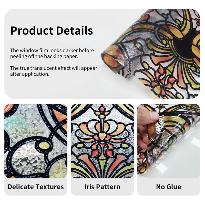 Chicskin 3D Vintage Stained Glass Window Film with Tools, Decorative Window Privacy Film for Room/Door/Home Decor, Amber Tracery, 16.93"X78.74"(43X200CM) - Image 5
