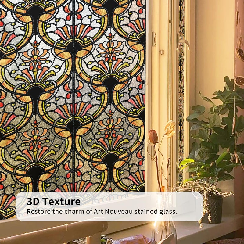 Chicskin 3D Vintage Stained Glass Window Film with Tools, Decorative Window Privacy Film for Room/Door/Home Decor, Amber Tracery, 16.93"X78.74"(43X200CM) - Image 3