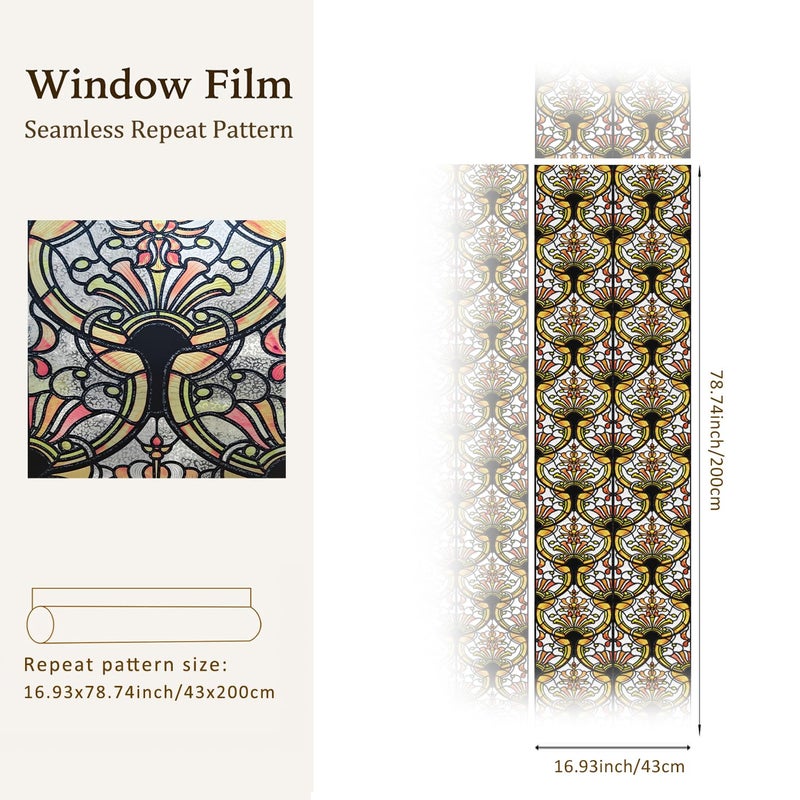 Chicskin 3D Vintage Stained Glass Window Film with Tools, Decorative Window Privacy Film for Room/Door/Home Decor, Amber Tracery, 16.93"X78.74"(43X200CM) - Image 4