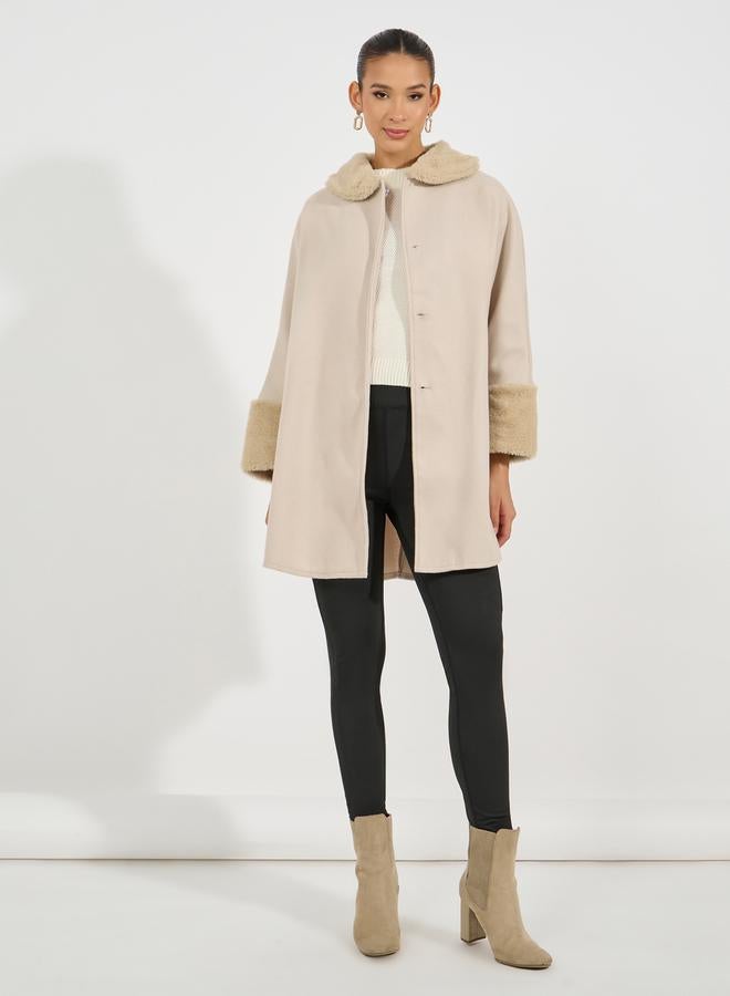 Styli Oversized Longline Faux Fur Trim Wool Like Cape Coat - Image 2