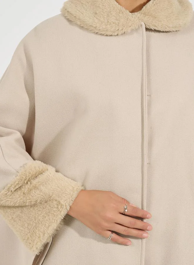 Styli Oversized Longline Faux Fur Trim Wool Like Cape Coat