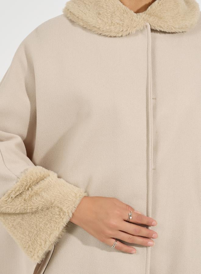 Styli Oversized Longline Faux Fur Trim Wool Like Cape Coat - Image 4