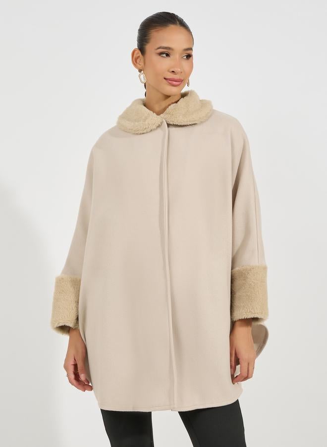 Styli Oversized Longline Faux Fur Trim Wool Like Cape Coat - Image 1
