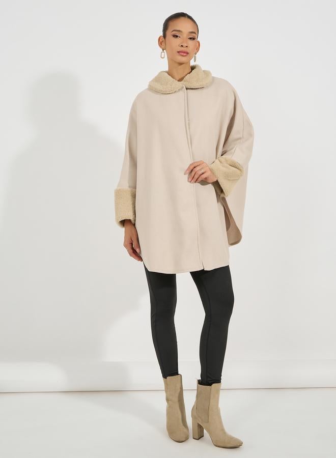 Styli Oversized Longline Faux Fur Trim Wool Like Cape Coat - Image 3
