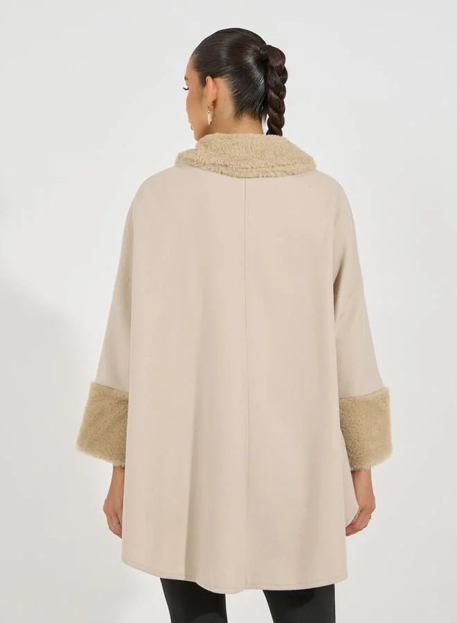Styli Oversized Longline Faux Fur Trim Wool Like Cape Coat