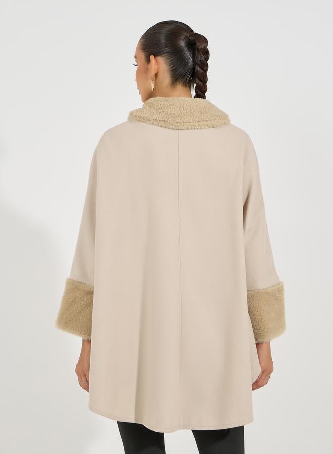 Styli Oversized Longline Faux Fur Trim Wool Like Cape Coat - Image 5