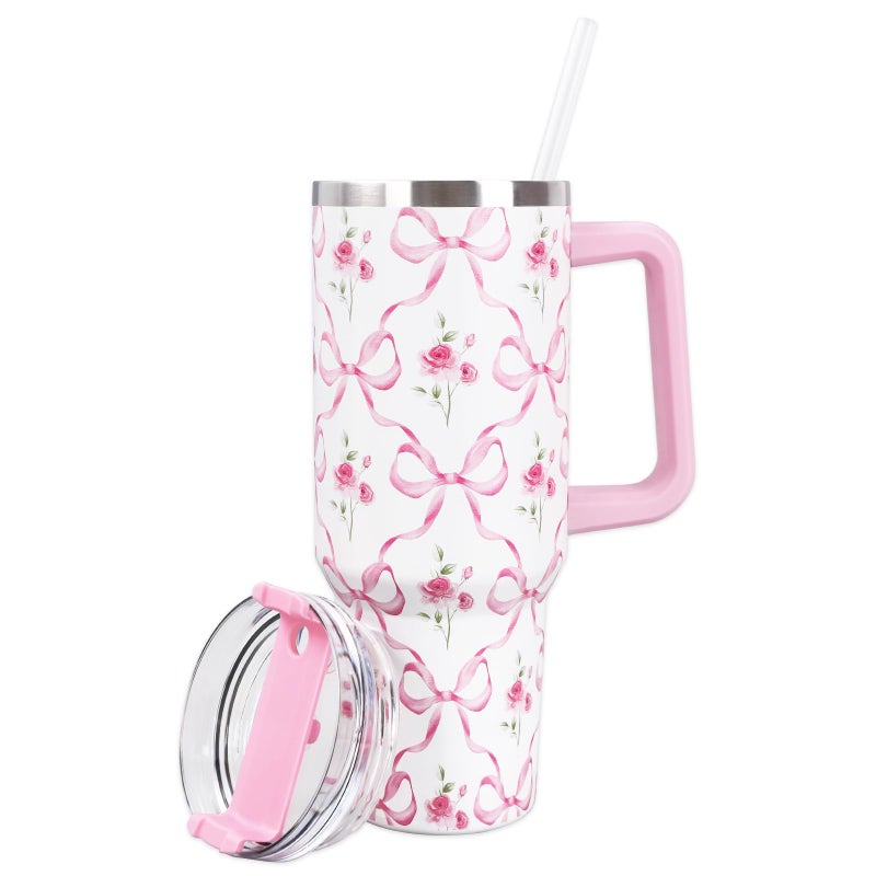 FYSUIMU Valentines Day Pink Bow Floral Tumbler with Straw and Lid 40oz Watercolor Bow Flower Stainless Steel Cup with Handle Pink Travel Coffee Tumbler Cup for Home Office Travel Women Girls Birthday