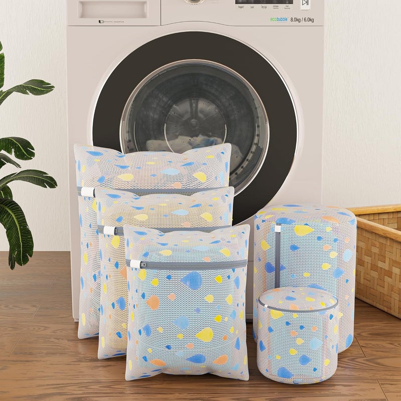 Kuber Industries Pack of 5 Polyester Laundry Mesh Bag for Washing Machine Laundry Washing Bag for Clothes Lingerie Bra Hosiery Socks with Zip YZ13 Drop Print White - Image 1