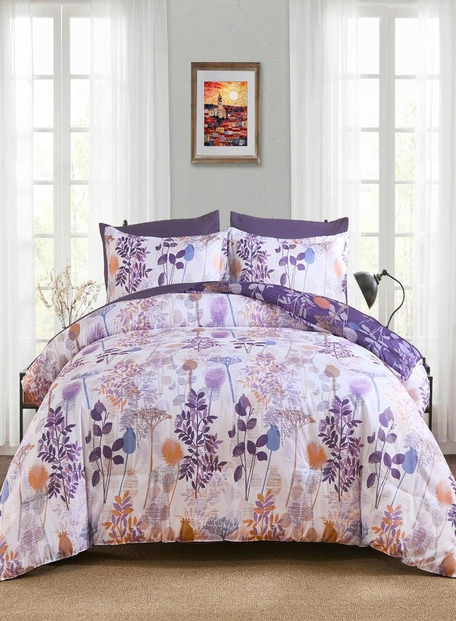 Anibedding 7Pieces Queen Comforter Set, Purple Botanical Bed in a Bag Complete Set with Sheet Pillowcase for Bedroom All Season - Image 1