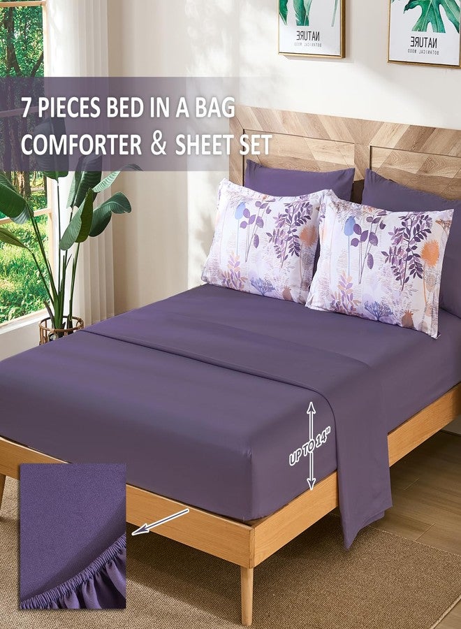 Anibedding 7Pieces Queen Comforter Set, Purple Botanical Bed in a Bag Complete Set with Sheet Pillowcase for Bedroom All Season - Image 4