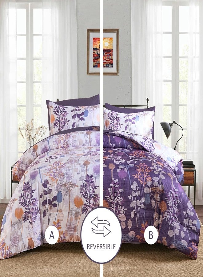 Anibedding 7Pieces Queen Comforter Set, Purple Botanical Bed in a Bag Complete Set with Sheet Pillowcase for Bedroom All Season - Image 2