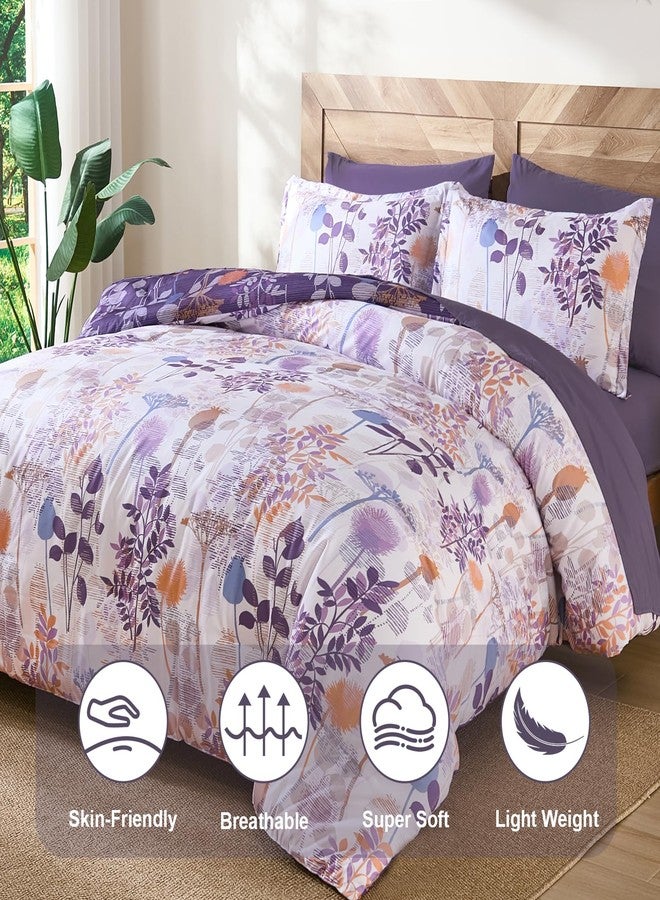 Anibedding 7Pieces Queen Comforter Set, Purple Botanical Bed in a Bag Complete Set with Sheet Pillowcase for Bedroom All Season - Image 3
