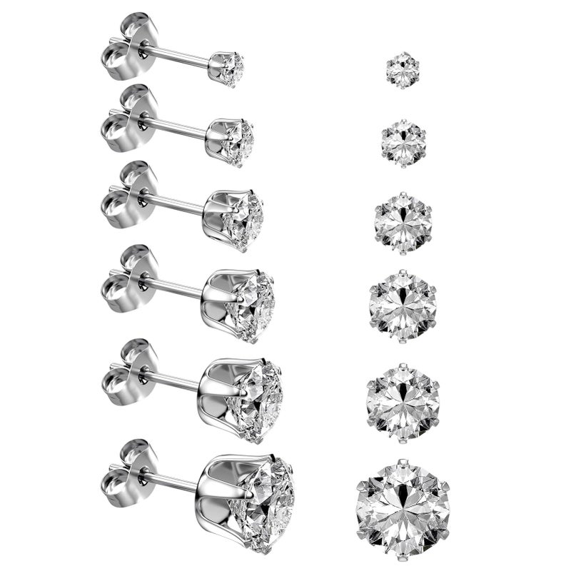 YINCUO 6 Pairs Stainless Steel Stud Earrings Set, 3-8mm Silver 316L Hypoallergenic Cubic Zirconia CZ Earring Jewelry Gift for Women Men - Image 1