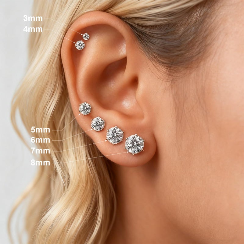 YINCUO 6 Pairs Stainless Steel Stud Earrings Set, 3-8mm Silver 316L Hypoallergenic Cubic Zirconia CZ Earring Jewelry Gift for Women Men - Image 2