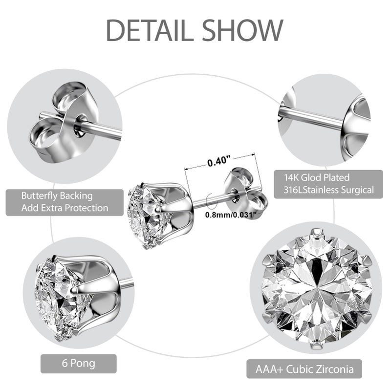 YINCUO 6 Pairs Stainless Steel Stud Earrings Set, 3-8mm Silver 316L Hypoallergenic Cubic Zirconia CZ Earring Jewelry Gift for Women Men - Image 3