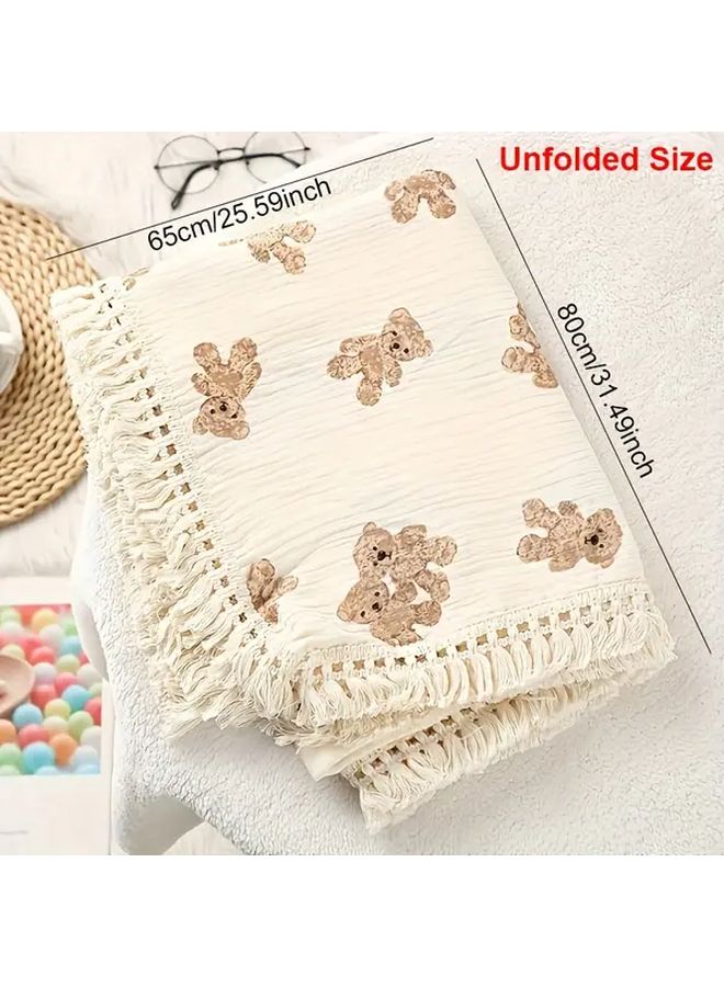 Light Yellow Twin Bears Muslin Throw Blanket 80x65 Soft Fringe All Season Office Comfort - Image 2