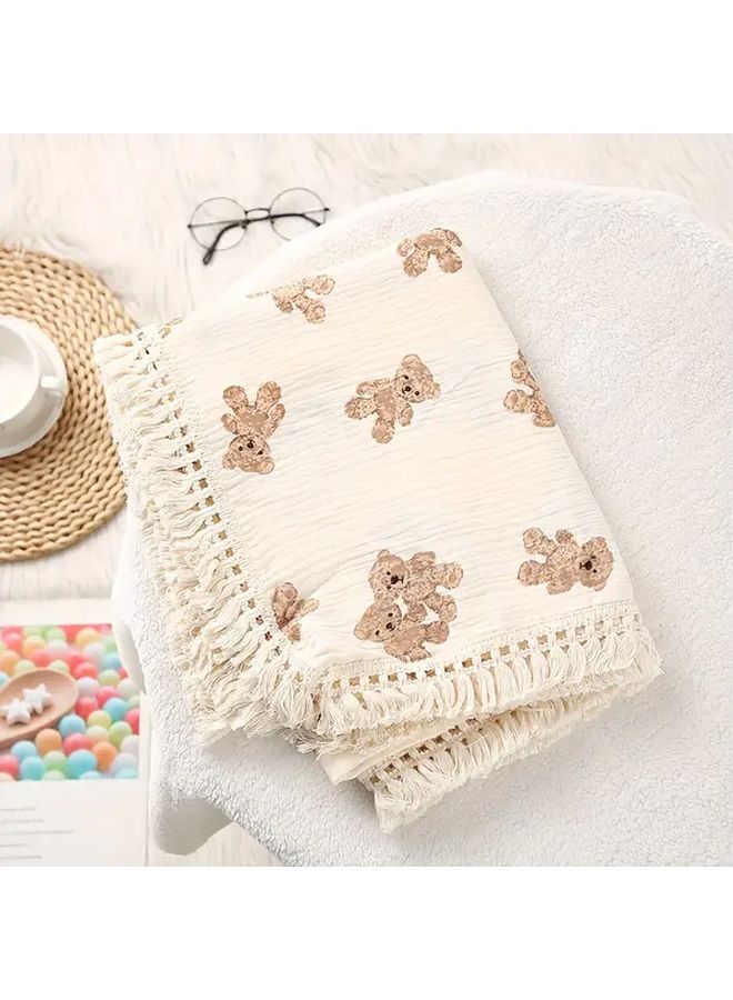 Light Yellow Twin Bears Muslin Throw Blanket 80x65 Soft Fringe All Season Office Comfort - Image 3