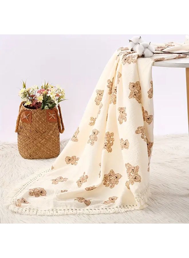 Light Yellow Twin Bears Muslin Throw Blanket 80x65 Soft Fringe All Season Office Comfort - Image 1