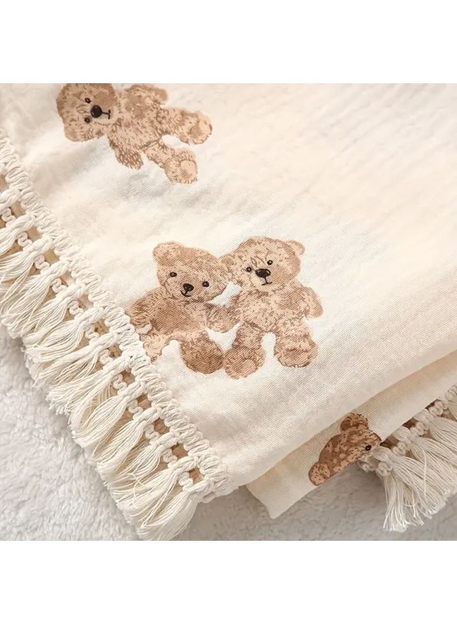Light Yellow Twin Bears Muslin Throw Blanket 80x65 Soft Fringe All Season Office Comfort - Image 4