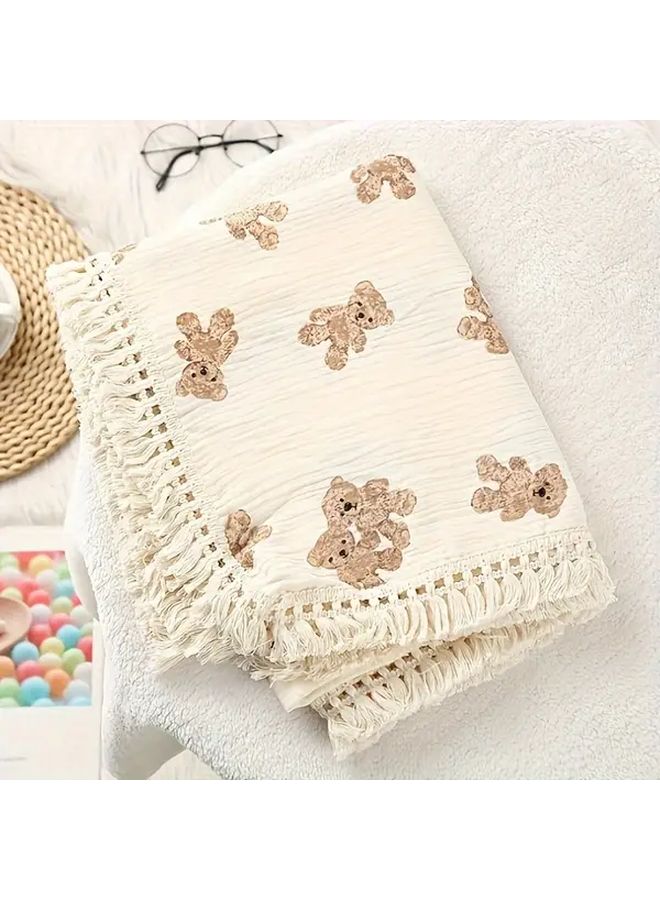 Light Yellow Twin Bears Muslin Throw Blanket 80x65 Soft Fringe All Season Office Comfort - Image 5