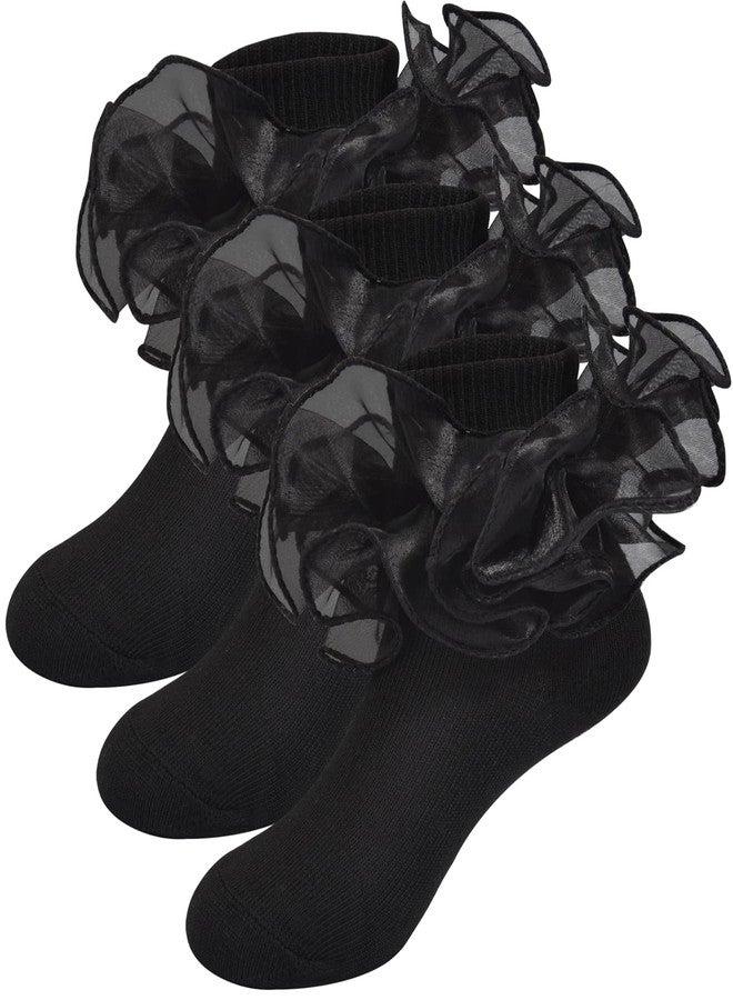 Mini Angel Angel Girls Ruffle Socks - Frilly Double Lace Cotton Turn Cuff Socks, 3 Pairs (Black Set, S) for Toddler Little Girls - Image 1