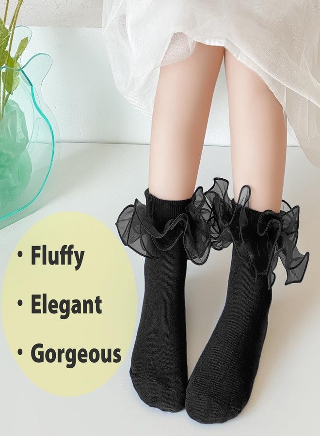 Mini Angel Angel Girls Ruffle Socks - Frilly Double Lace Cotton Turn Cuff Socks, 3 Pairs (Black Set, S) for Toddler Little Girls - Image 2