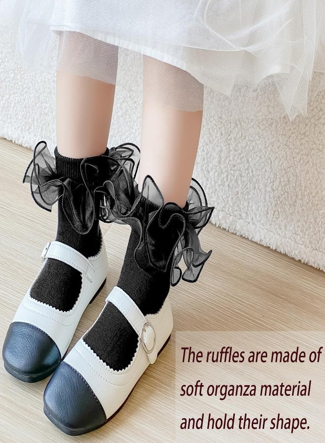 Mini Angel Angel Girls Ruffle Socks - Frilly Double Lace Cotton Turn Cuff Socks, 3 Pairs (Black Set, S) for Toddler Little Girls - Image 3