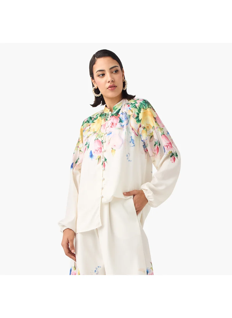 2Xtremz 2Xtremz Floral Print Top with Mandarin Collar and Volume Sleeves